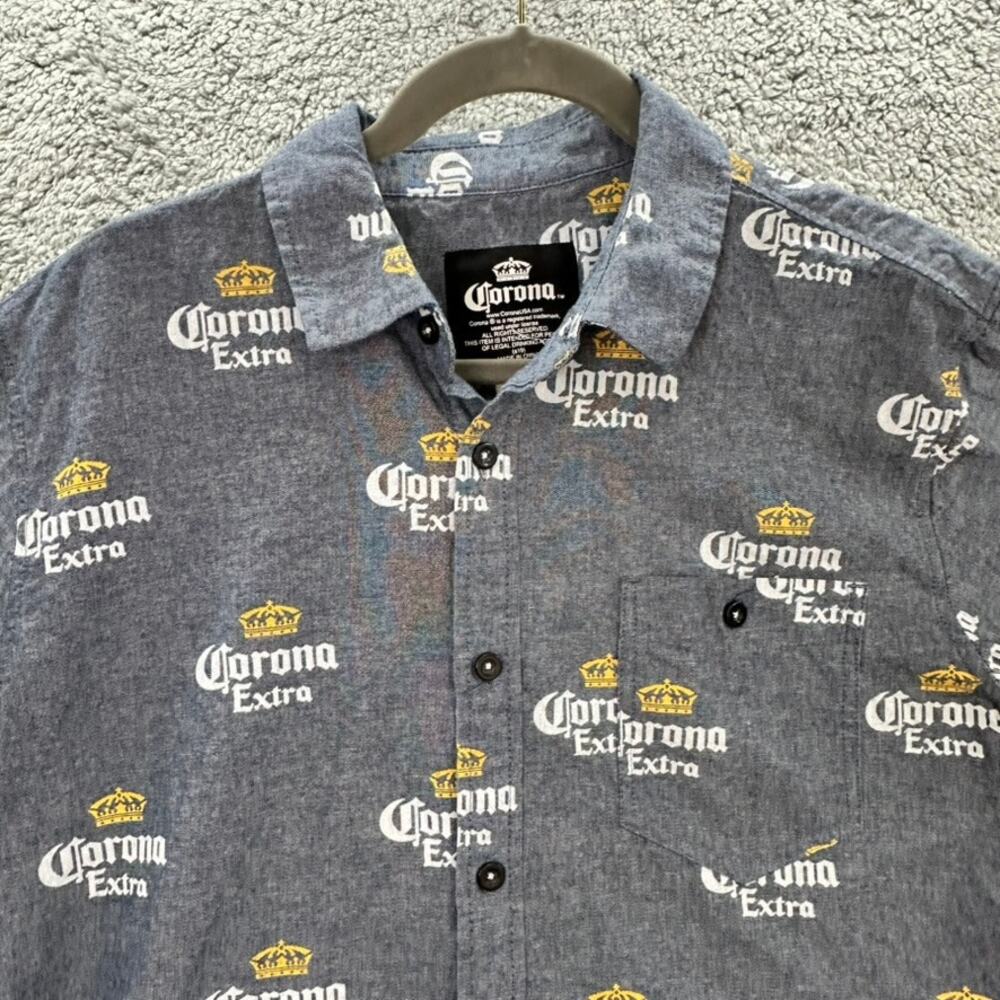 Corona Beer Men's Medium Button Up Shirt Short Sleeves Repeating Logo Pool Party
